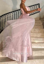 Light Pink A-Line Tulle Strapless Floor-Length Evening Gowns with 3D Flowers