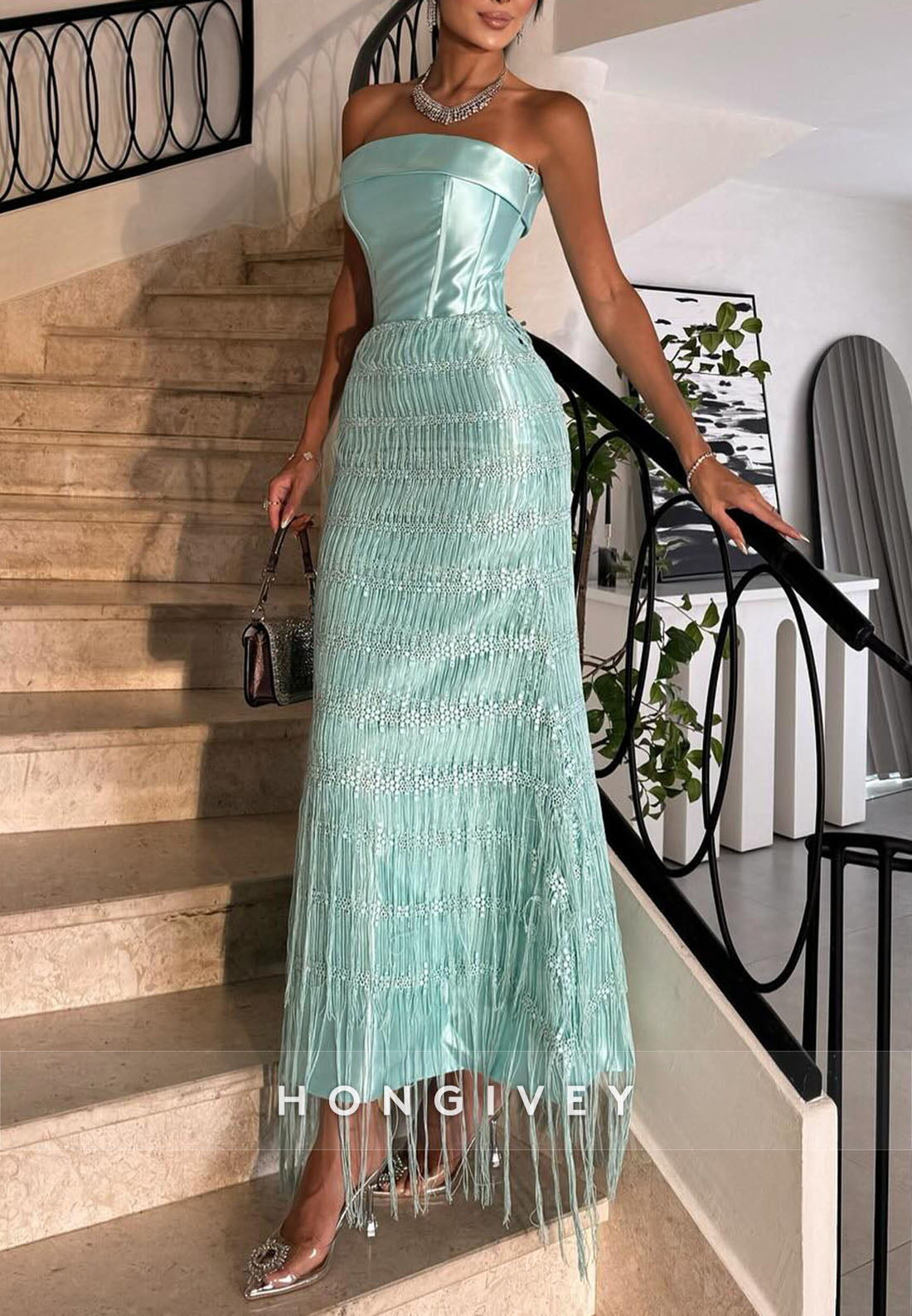 Strapless Spa Tassel Ankle-Length Evening Gowns with Satin Corset