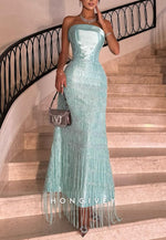 Strapless Spa Tassel Ankle-Length Evening Gowns with Satin Corset