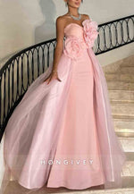Light Pink A-Line Tulle Strapless Floor-Length Evening Gowns with 3D Flowers