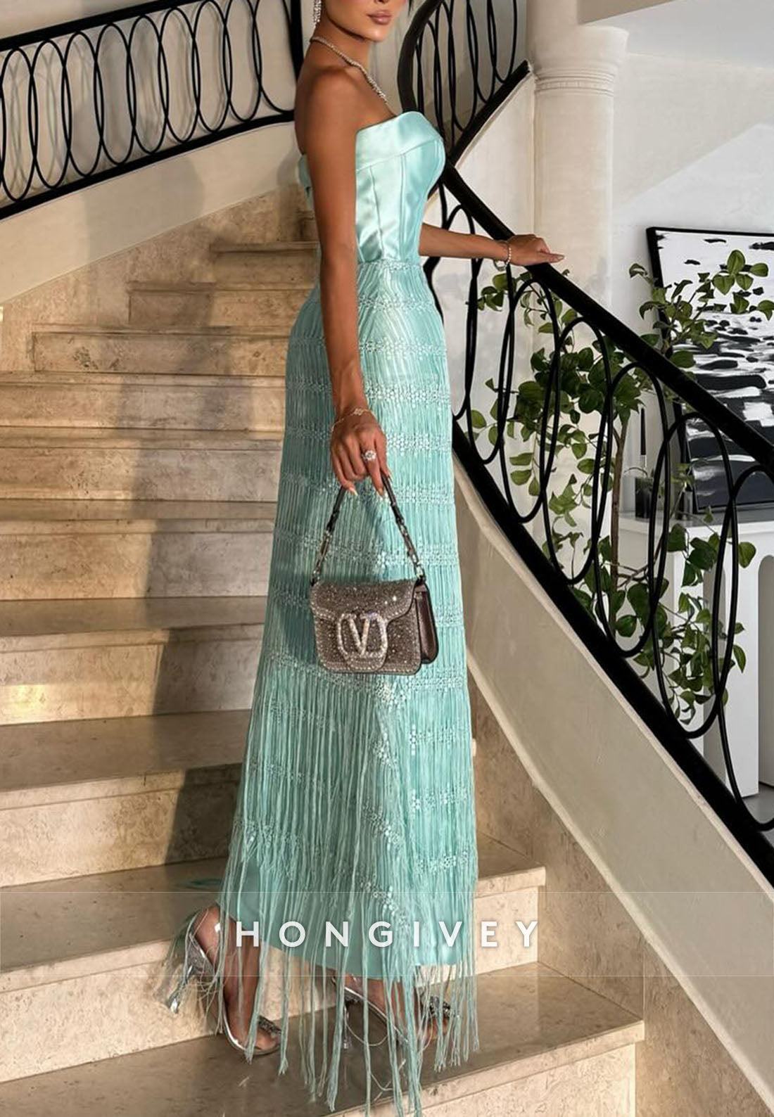 Strapless Spa Tassel Ankle-Length Evening Gowns with Satin Corset