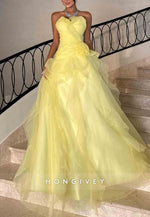 A-Line Sweetheart Ruched Sweep Train Yellow Strapless Evening Gowns