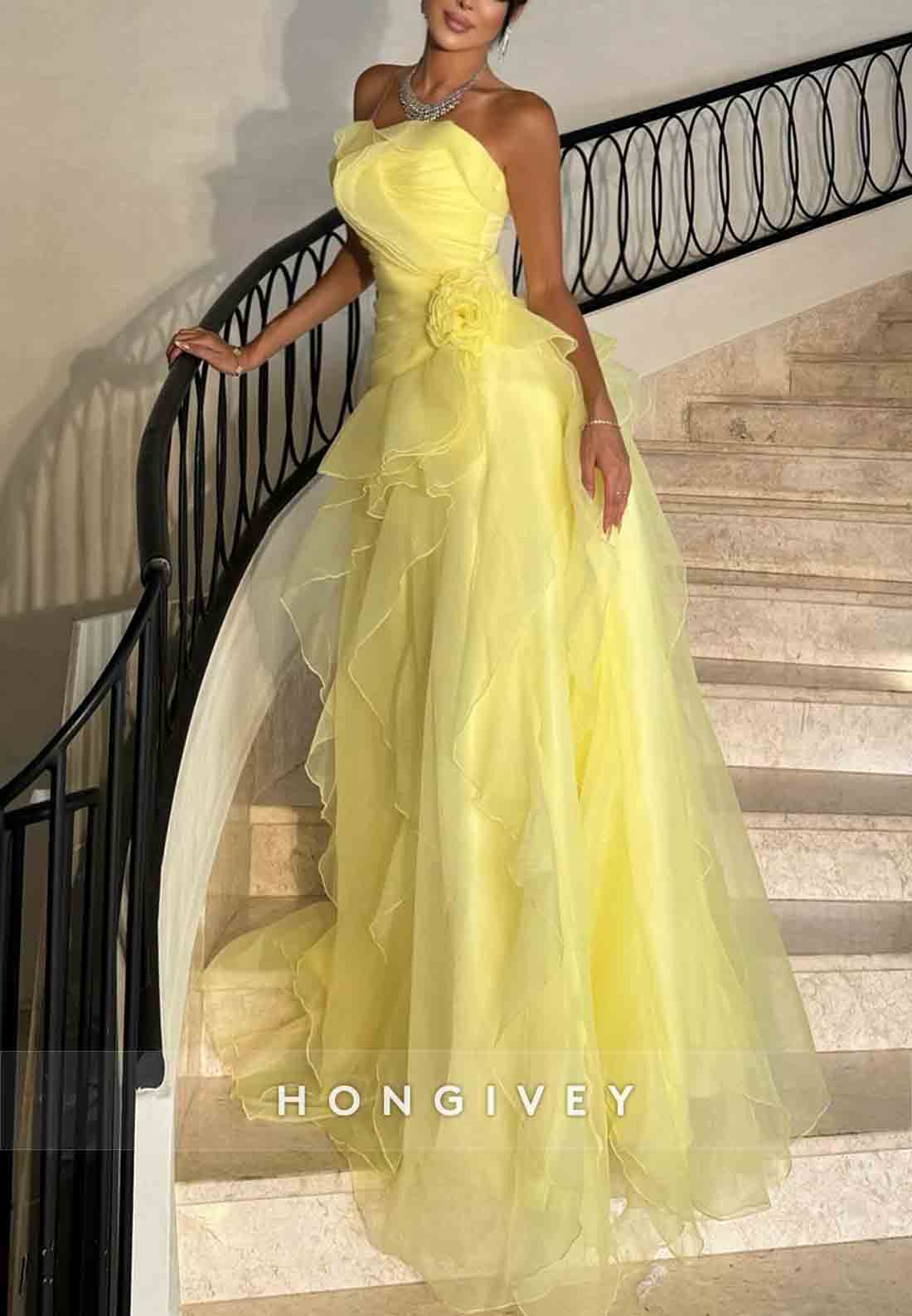 A-Line Sweetheart Ruched Sweep Train Yellow Strapless Evening Gowns