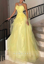 A-Line Sweetheart Ruched Sweep Train Yellow Strapless Evening Gowns