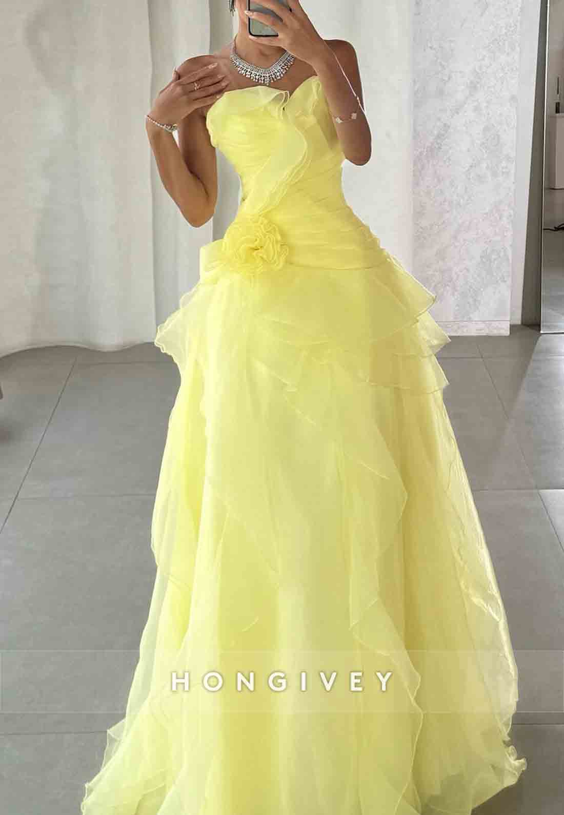 A-Line Sweetheart Ruched Sweep Train Yellow Strapless Evening Gowns