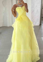 A-Line Sweetheart Ruched Sweep Train Yellow Strapless Evening Gowns