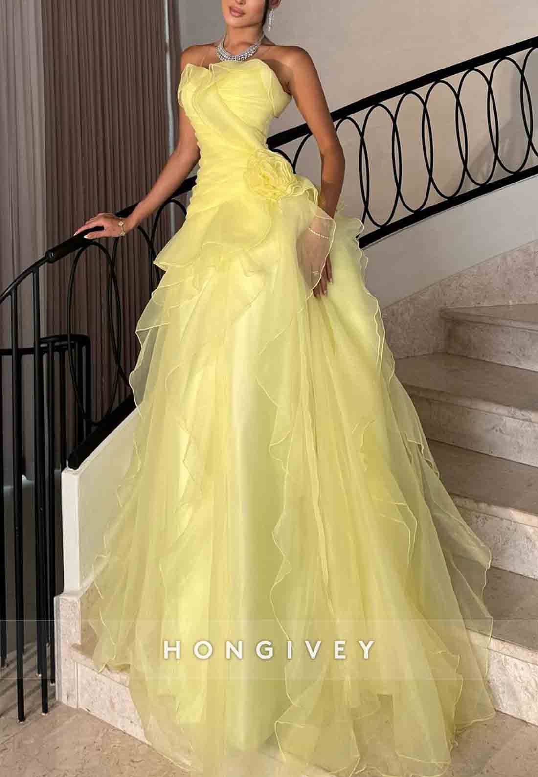 A-Line Sweetheart Ruched Sweep Train Yellow Strapless Evening Gowns