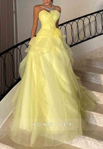A-Line Sweetheart Ruched Sweep Train Yellow Strapless Evening Gowns