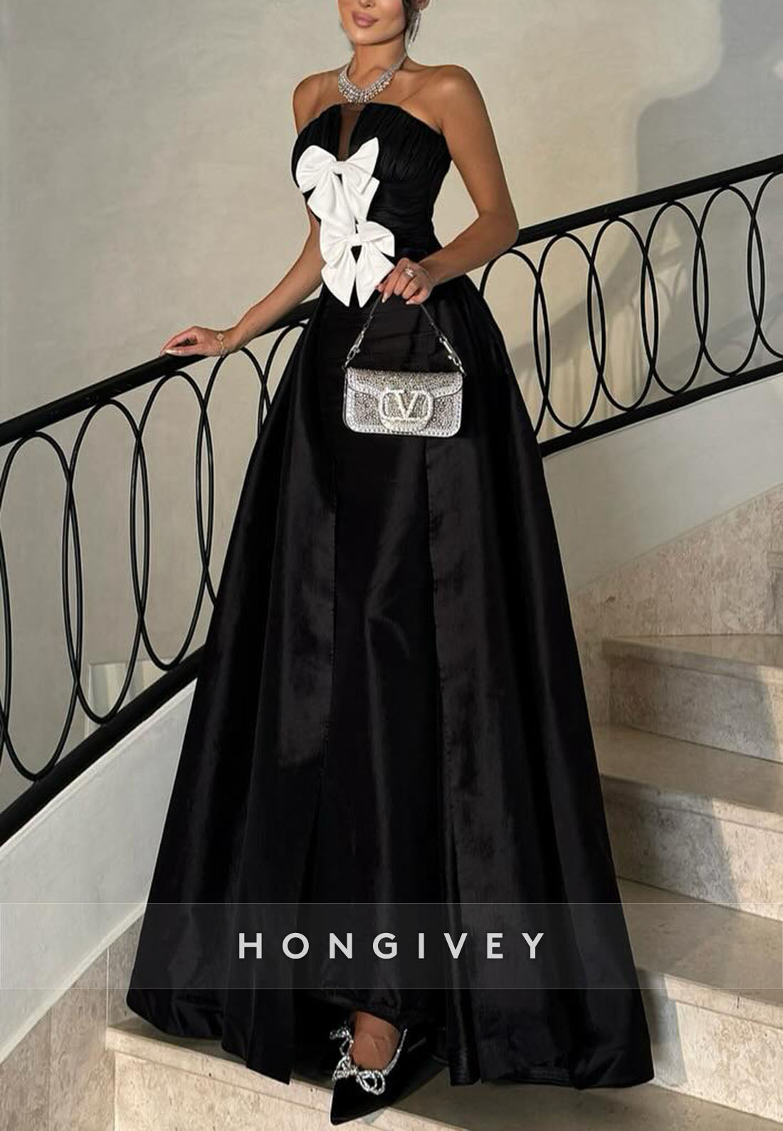 High Slit Floor-Length Strapless Trumpet Evening Gowns with Bowknots