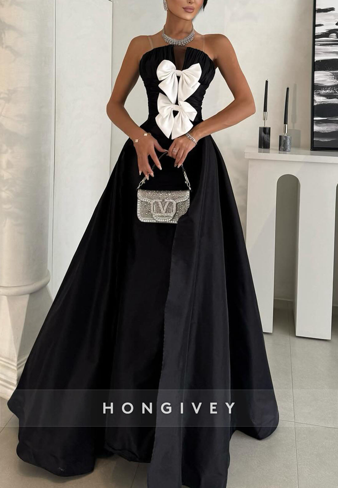 High Slit Floor-Length Strapless Trumpet Evening Gowns with Bowknots