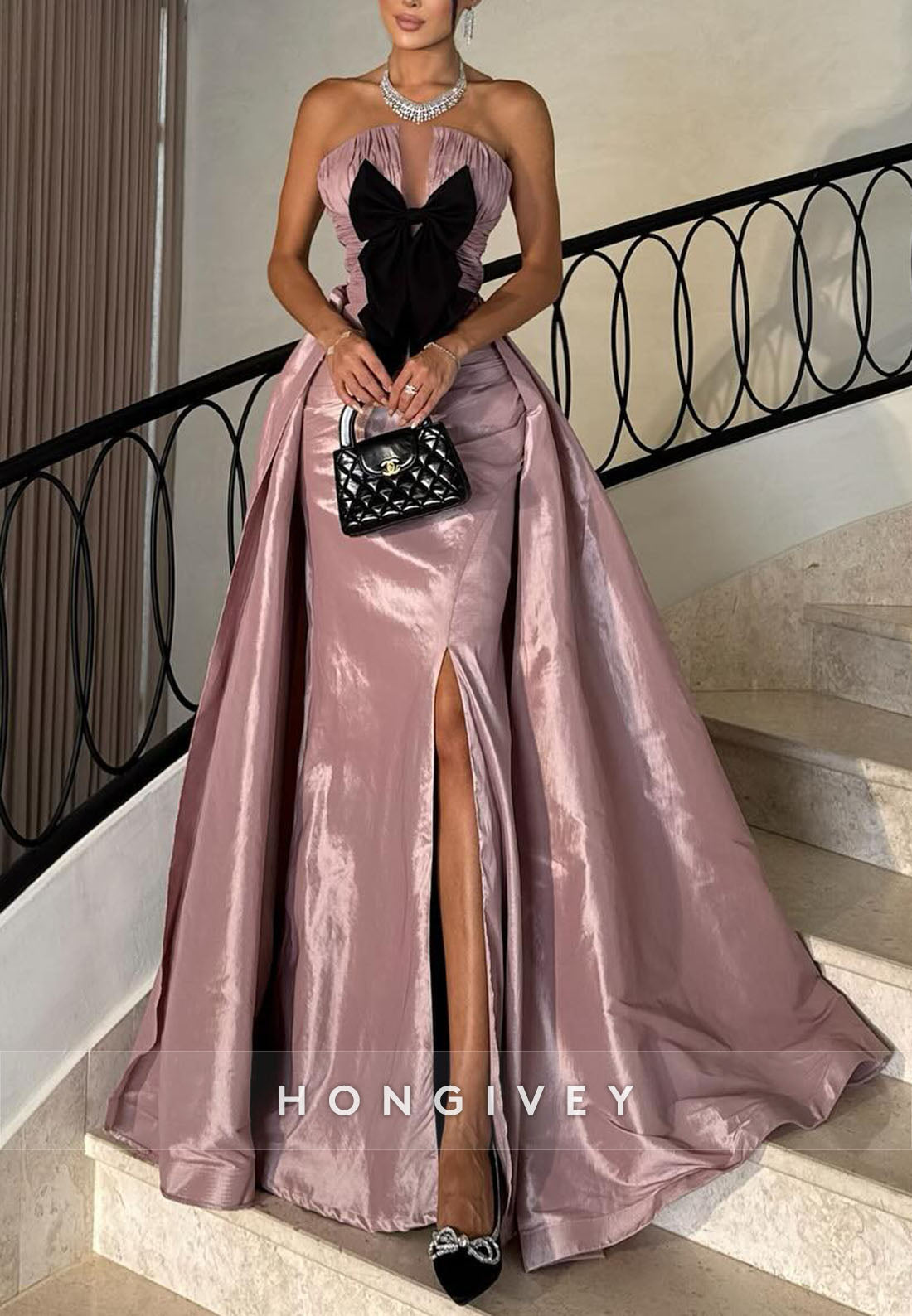 High Slit Floor-Length Strapless Trumpet Evening Gowns with Bowknots