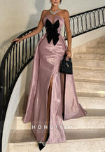 High Slit Floor-Length Strapless Trumpet Evening Gowns with Bowknots