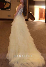 Yellow A-Line Ruched Regular Straps Sweep Train Empire Evening Gowns