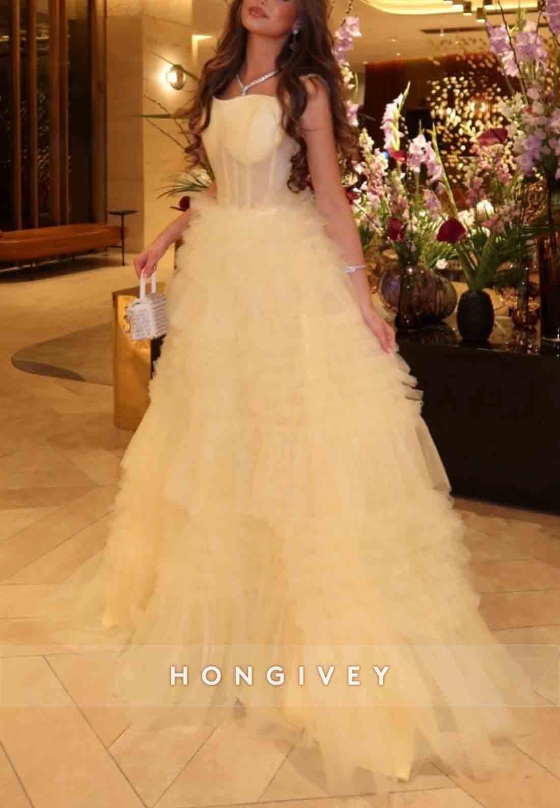 Yellow A-Line Ruched Regular Straps Sweep Train Empire Evening Gowns