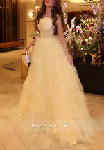 Yellow A-Line Ruched Regular Straps Sweep Train Empire Evening Gowns