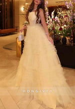 Yellow A-Line Ruched Regular Straps Sweep Train Empire Evening Gowns