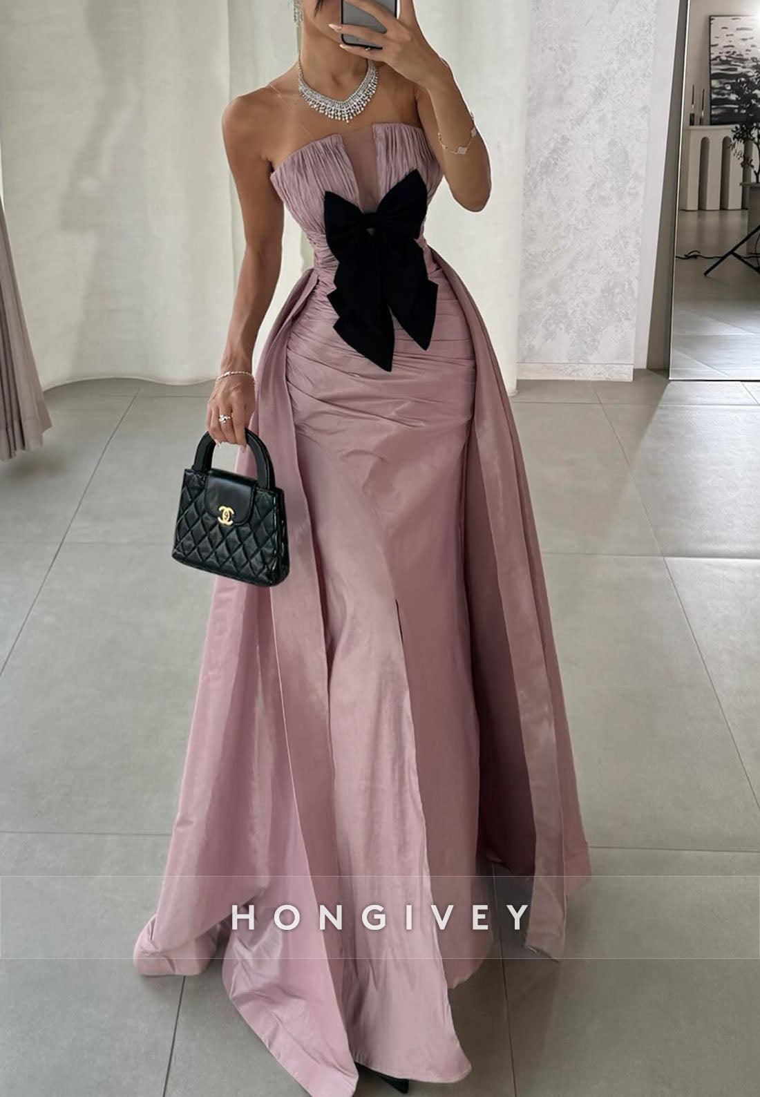 High Slit Floor-Length Strapless Trumpet Evening Gowns with Bowknots