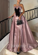 High Slit Floor-Length Strapless Trumpet Evening Gowns with Bowknots
