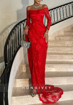 Red Lace Off the Shoulder 3/4 Sleeve Sheath Evening Gowns with Side Slit