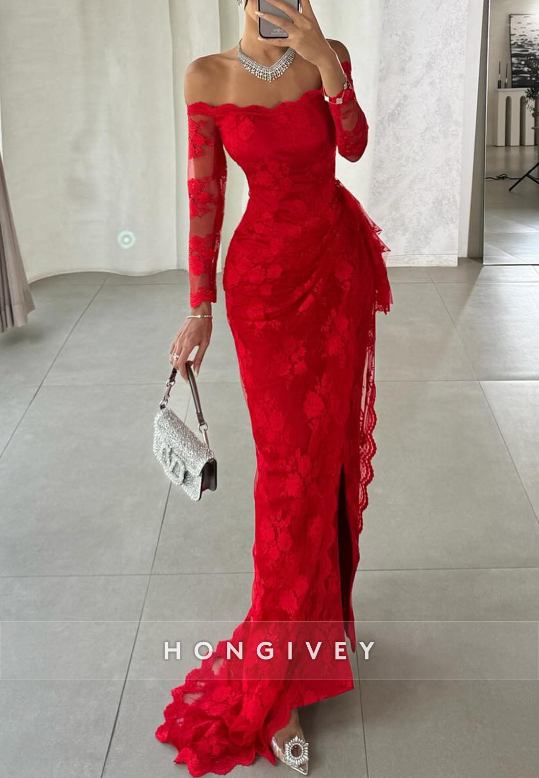 Red Lace Off the Shoulder 3/4 Sleeve Sheath Evening Gowns with Side Slit