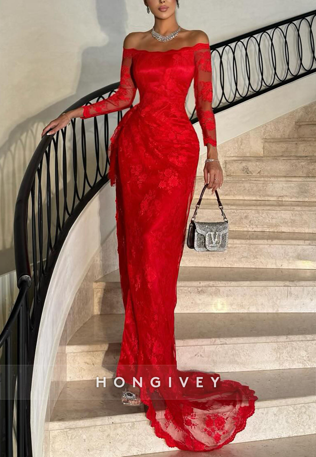 Red Lace Off the Shoulder 3/4 Sleeve Sheath Evening Gowns with Side Slit