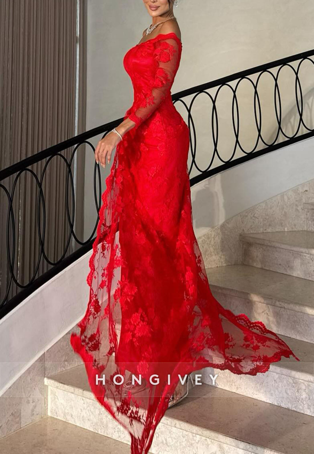 Red Lace Off the Shoulder 3/4 Sleeve Sheath Evening Gowns with Side Slit