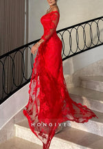 Red Lace Off the Shoulder 3/4 Sleeve Sheath Evening Gowns with Side Slit