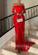 Red Lace Off the Shoulder 3/4 Sleeve Sheath Evening Gowns with Side Slit