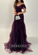 Off the Shoulder Raspberry Floor-Length V-Neck A-Line Evening Gowns