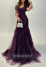 Off the Shoulder Raspberry Floor-Length V-Neck A-Line Evening Gowns