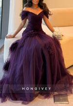 Off the Shoulder Raspberry Floor-Length V-Neck A-Line Evening Gowns