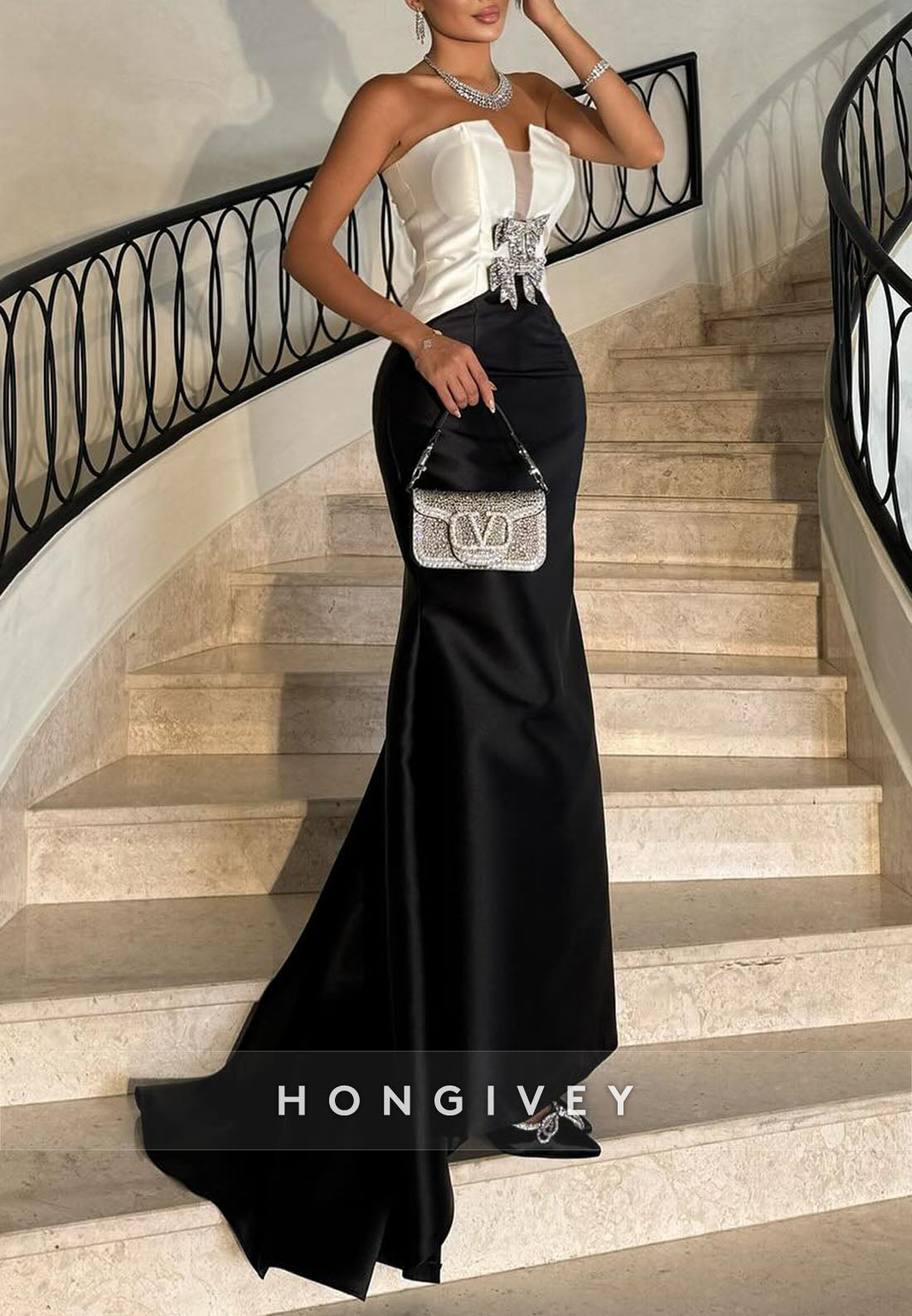 Strapless Trumpet Satin Asymmetrical Evening Gowns with Bowknots