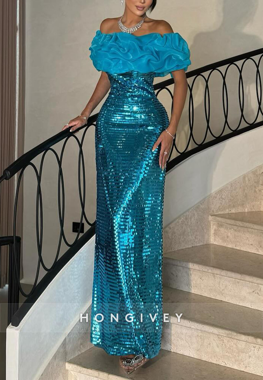 Sparkly Ocean Blue Sheath Off the Shoulder Glitter Ruched Evening Gowns
