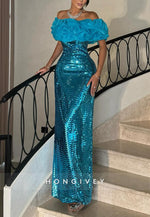 Sparkly Ocean Blue Sheath Off the Shoulder Glitter Ruched Evening Gowns