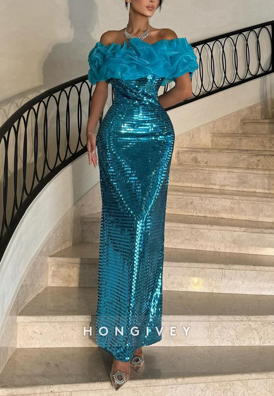 Sparkly Ocean Blue Sheath Off the Shoulder Glitter Ruched Evening Gowns