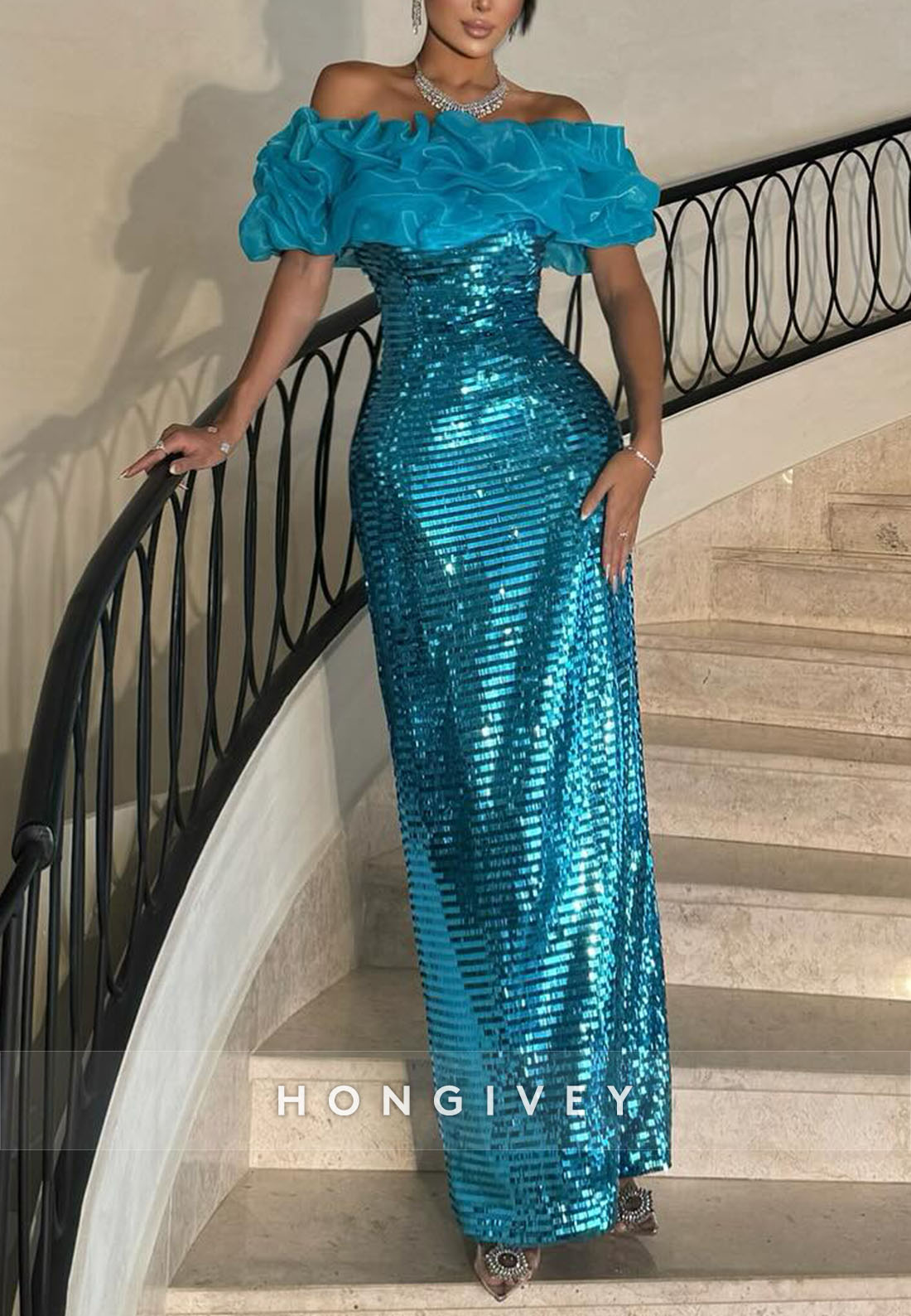 Sparkly Ocean Blue Sheath Off the Shoulder Glitter Ruched Evening Gowns