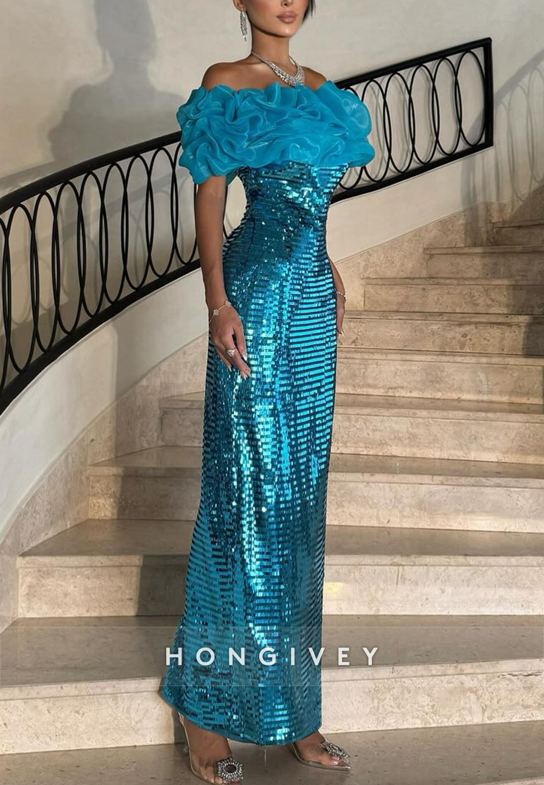 Sparkly Ocean Blue Sheath Off the Shoulder Glitter Ruched Evening Gowns