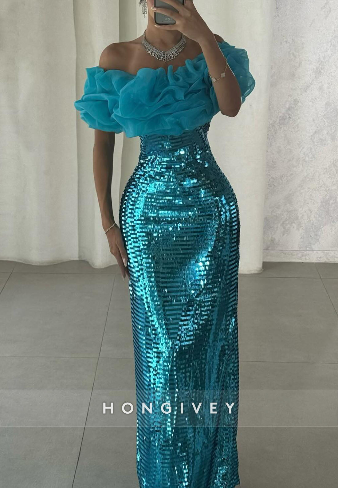Sparkly Ocean Blue Sheath Off the Shoulder Glitter Ruched Evening Gowns