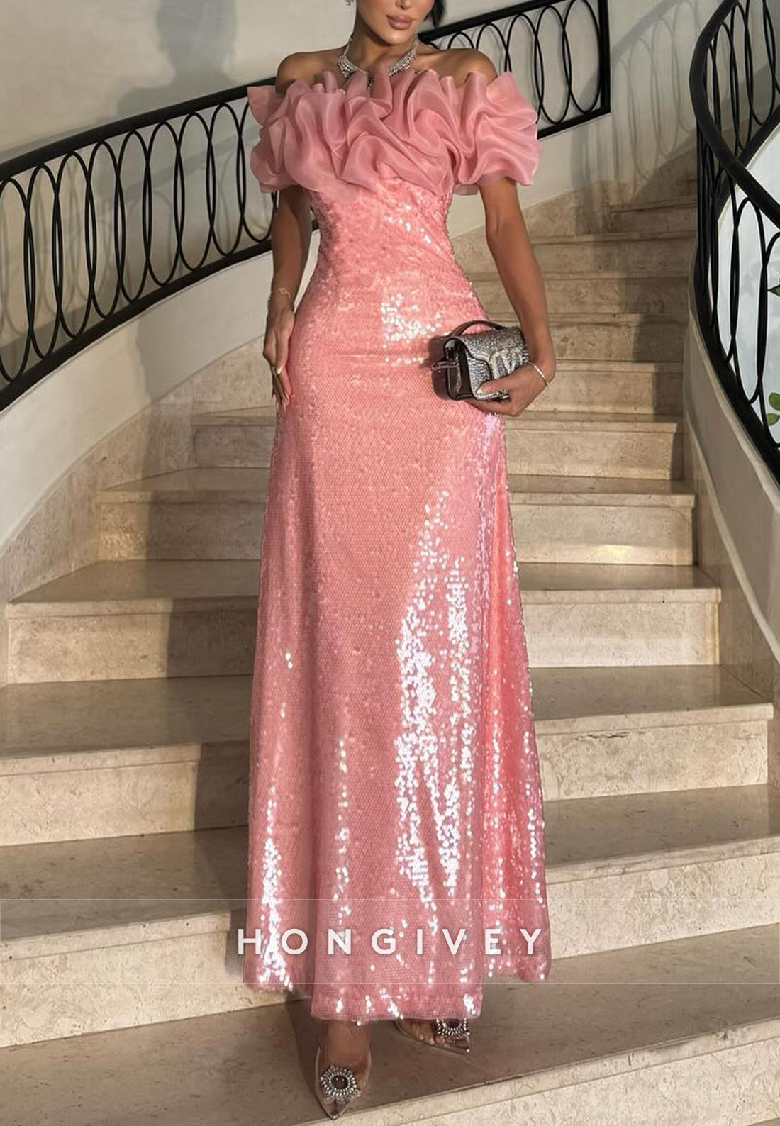 Sparkly Watermelon Column Off the Shoulder Glitter Ruched Evening Gowns