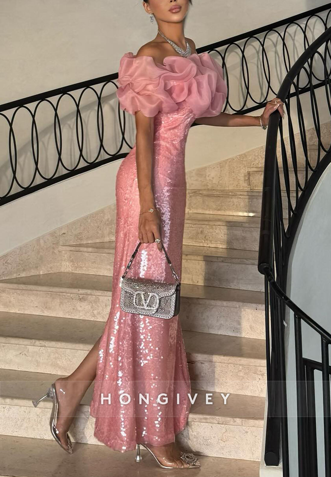 Sparkly Watermelon Column Off the Shoulder Glitter Ruched Evening Gowns