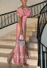 Sparkly Watermelon Column Off the Shoulder Glitter Ruched Evening Gowns