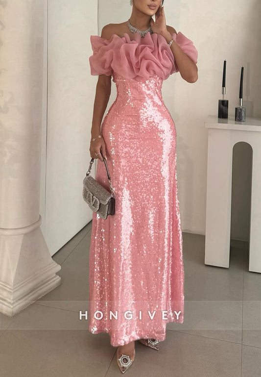 Sparkly Watermelon Column Off the Shoulder Glitter Ruched Evening Gowns