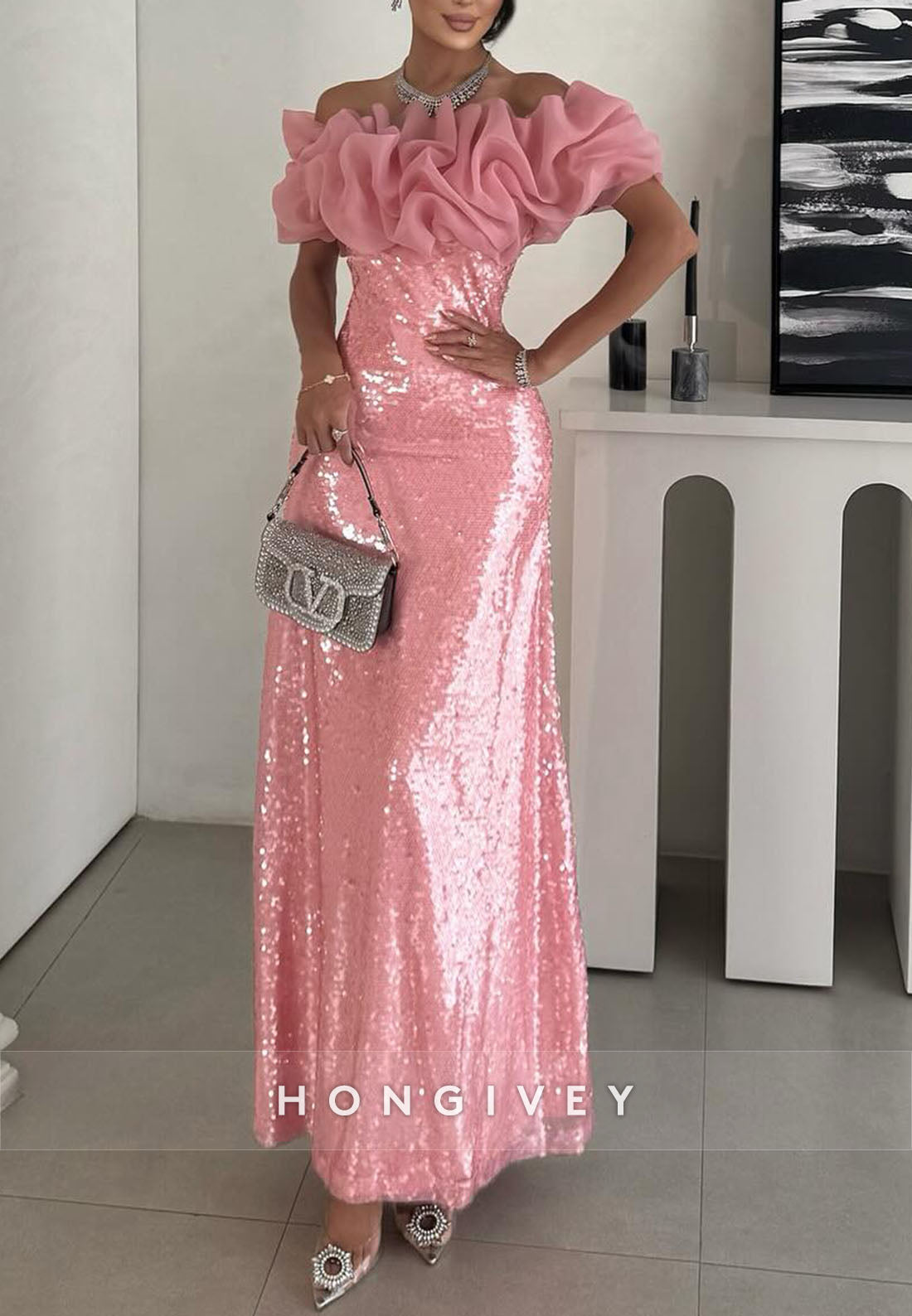 Sparkly Watermelon Column Off the Shoulder Glitter Ruched Evening Gowns