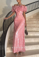 Sparkly Watermelon Column Off the Shoulder Glitter Ruched Evening Gowns