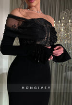 Elegant Off the Shoulder Black Sheath Bell Sleeves Evening Gowns