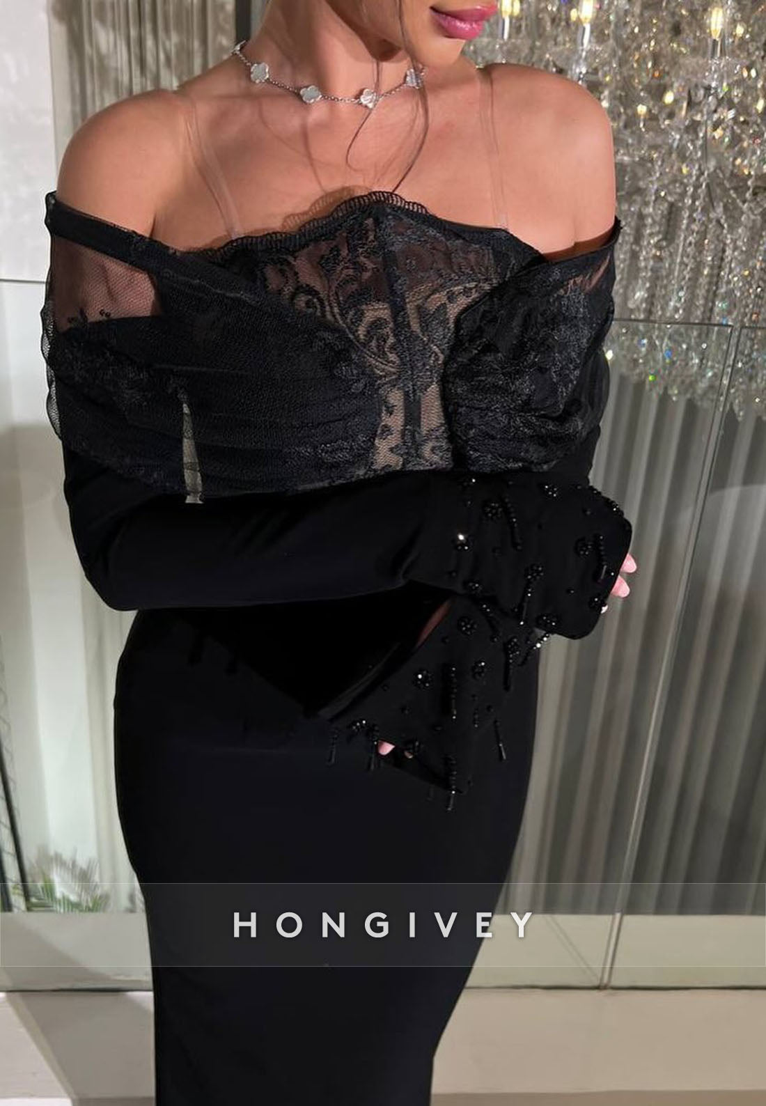 Elegant Off the Shoulder Black Sheath Bell Sleeves Evening Gowns