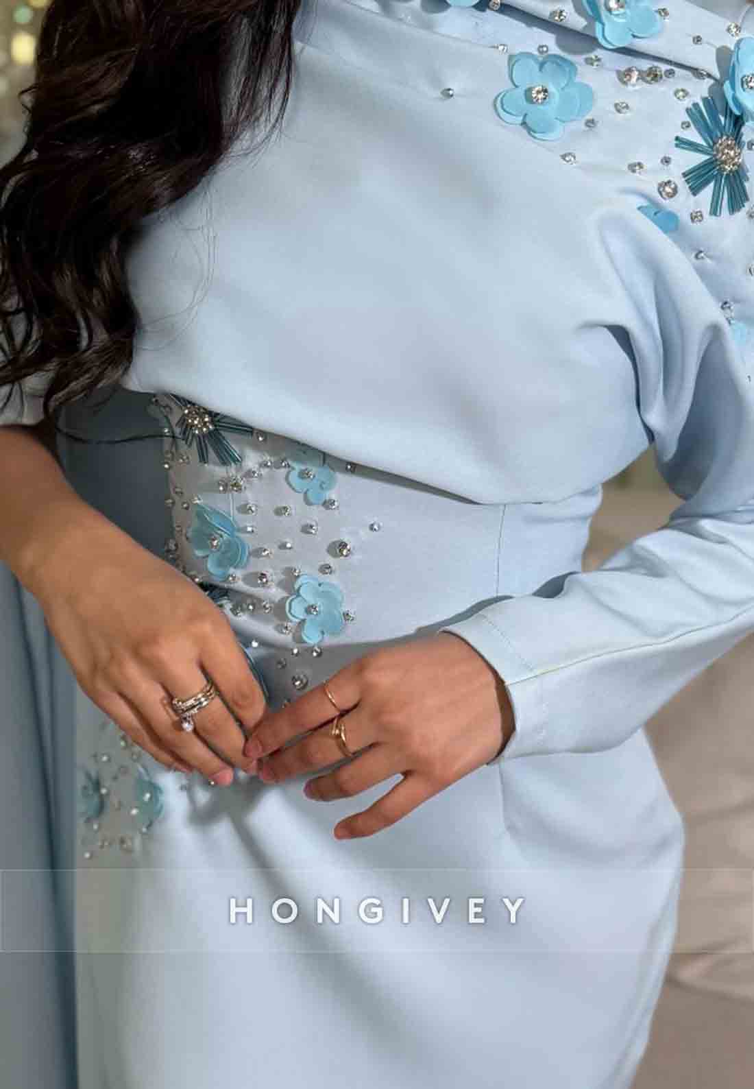 Ankle-Length High Neck Side Draping Sheath Evening Gowns with Appliqued Flowers