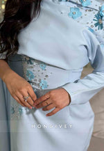 Ankle-Length High Neck Side Draping Sheath Evening Gowns with Appliqued Flowers