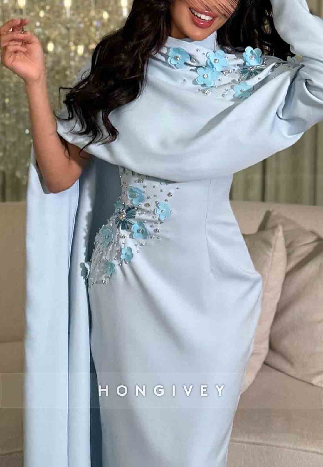 Ankle-Length High Neck Side Draping Sheath Evening Gowns with Appliqued Flowers