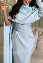 Ankle-Length High Neck Side Draping Sheath Evening Gowns with Appliqued Flowers